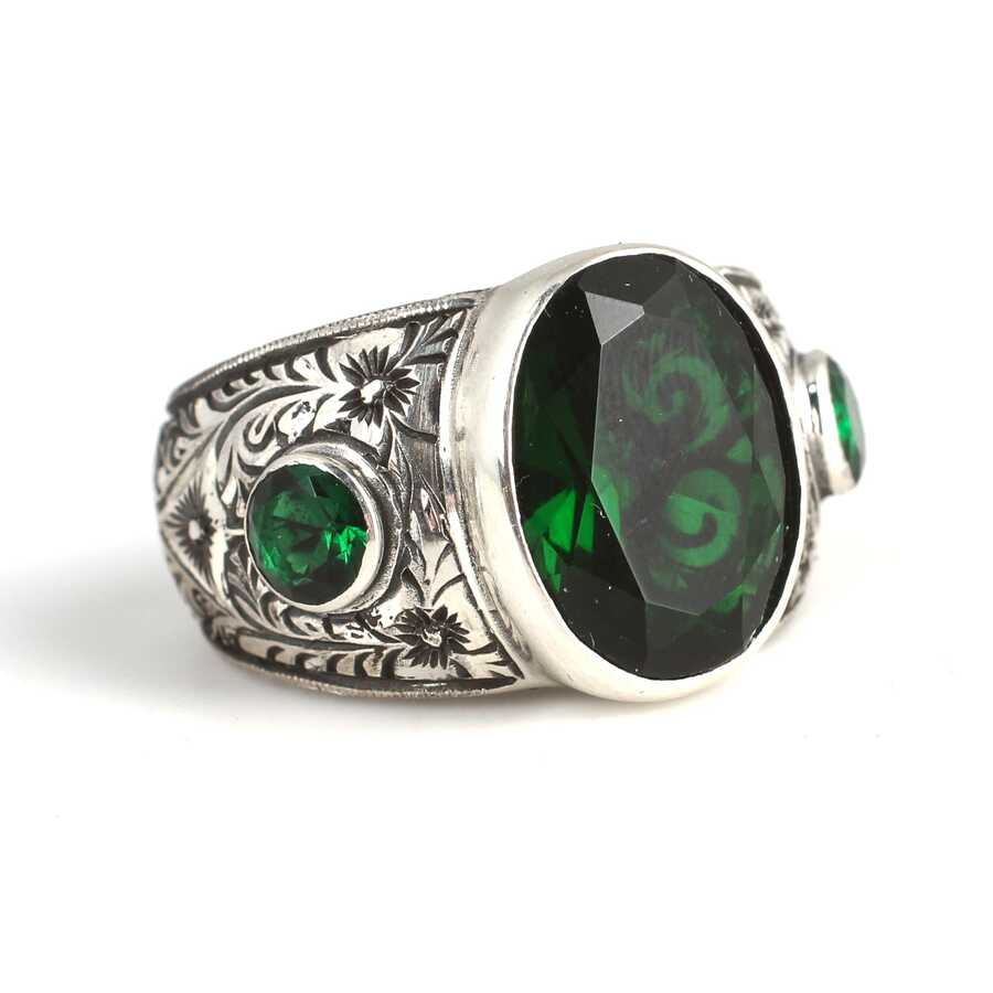 Hand-Engraved 925 Sterling Silver Men's Ring with Synthetic Emerald
