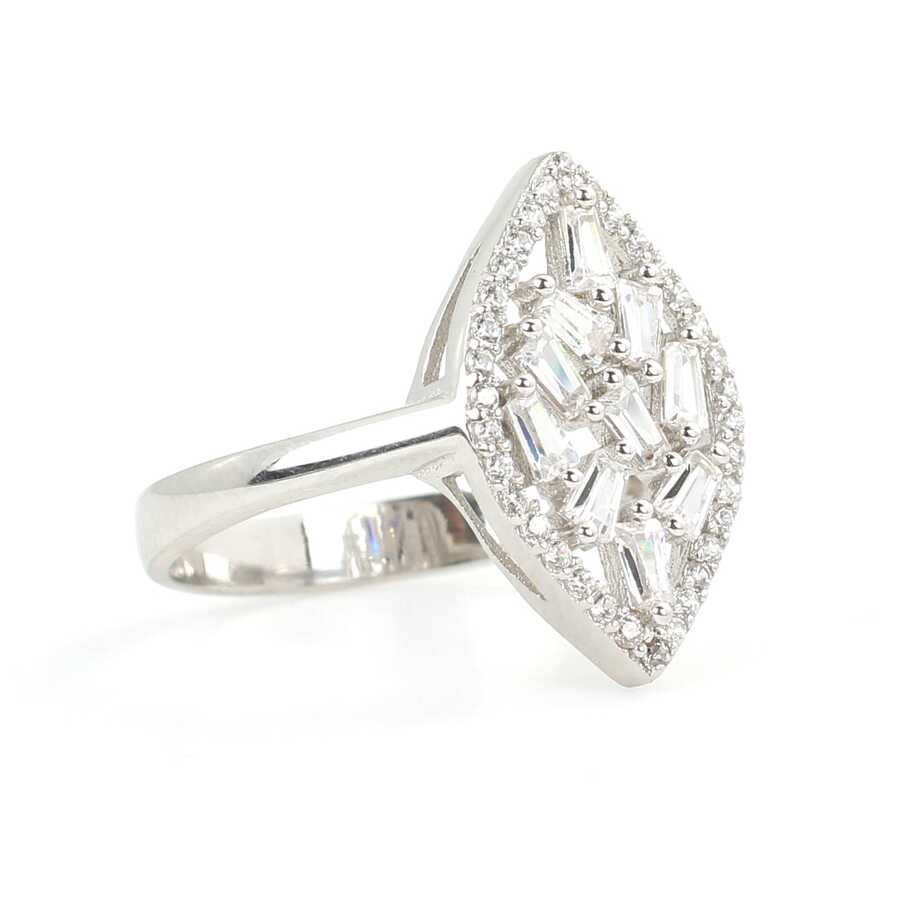 925 Sterling Silver Shuttle Model Ring with Baguette Zircon Stones