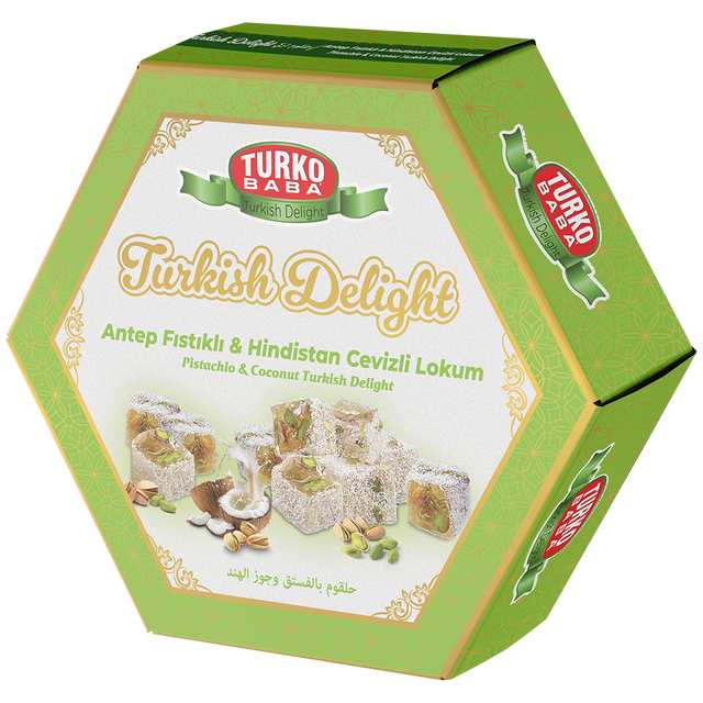 TURKOBABA Premium Coconut Coated Pistachio Turkish Delight - 250g