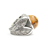 925 Sterling Silver Round Amber Men's Ring - Hand-Engraved Design