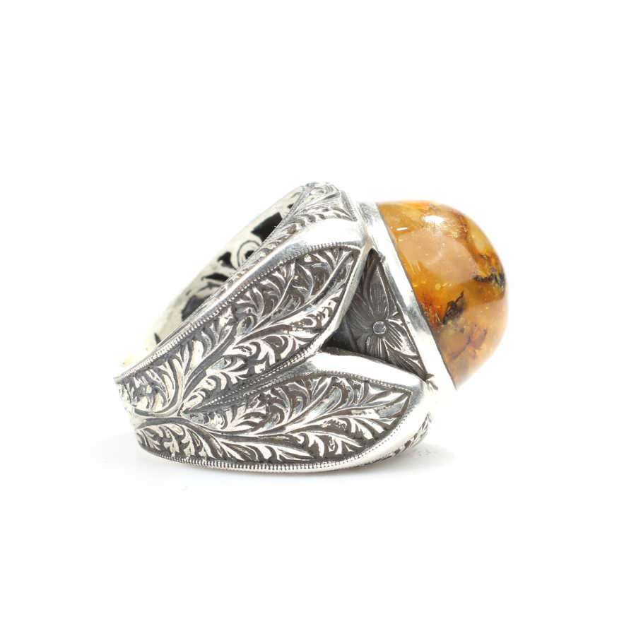 925 Sterling Silver Round Amber Men's Ring - Hand-Engraved Design