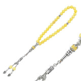 Yellow Jade Tasbih - Silver-Tone Tasseled Prayer Beads
