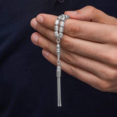 Men's Tesbih - Silver-Tone Grooved Capsule Prayer Beads