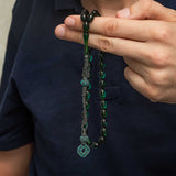 Elegant Prayer Beads - Green Pressed Amber & Hand-Woven Silver Tassel