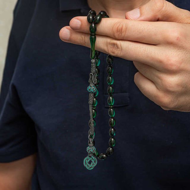 Elegant Prayer Beads - Green Pressed Amber & Hand-Woven Silver Tassel