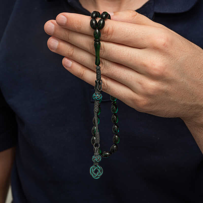 Elegante Rosario - Ambra Verde Pressata e Nappa Intrecciata a Mano in Argento