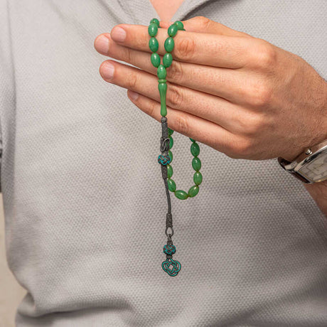 Tesbih - Green Faturan-Style Resin, Silver Kazaz Tassel