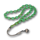 Tesbih - Green Pressed Amber Prayer Beads with Silver Kazaz Tassel