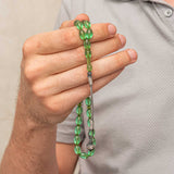 Tesbih – Grüner gepresster Bernstein-Gebetsrosenkranz mit silberner Kazaz-Quaste