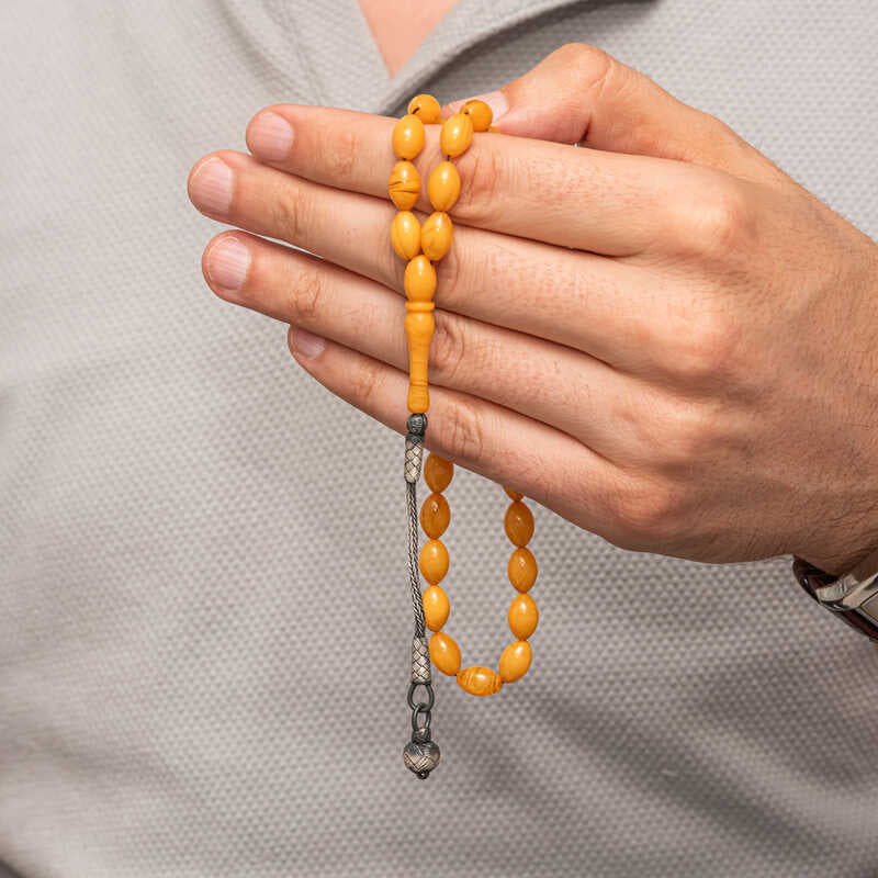 Tesbih - Compressed Amber Prayer Beads with Handcrafted Silver Tassel