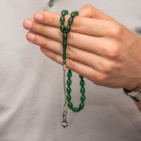 Green Compressed Amber Tesbih - Sterling Silver Kazaz Tassel