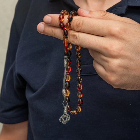 Traditional Prayer Beads - Mixed Color Compressed Amber with Silver Tassel