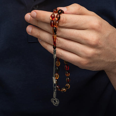 Traditional Prayer Beads - Mixed Color Compressed Amber with Silver Tassel