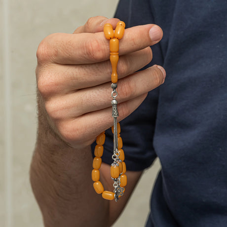 Tesbih Prayer Beads - Yellow Capsule Sikma Kehribar with Silver Tassel