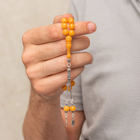Elegant Pressed Amber Prayer Beads - Sterling Silver Tassel