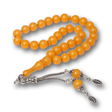 Elegant Pressed Amber Prayer Beads - Sterling Silver Tassel