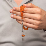Oranžová pryskyřice podobná jantaru Tesbih - modlitební korálky se střapcem ze stříbra 925