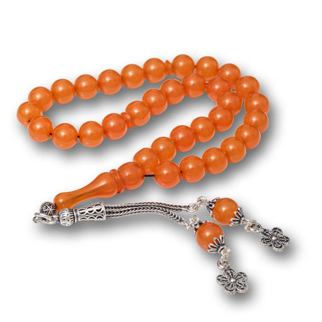 Orange Amber-like Resin Tesbih - Sterling Silver Tassel Prayer Beads