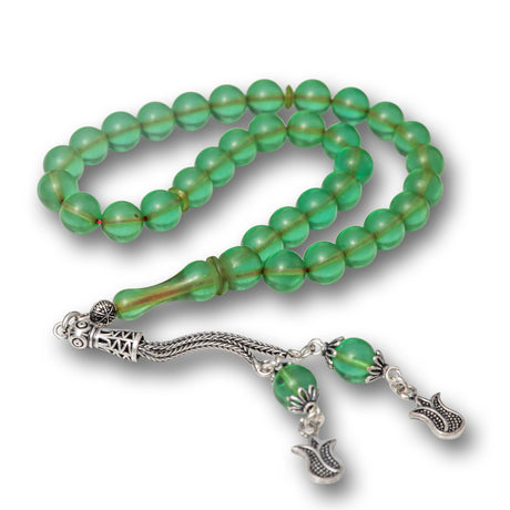 Tesbih Prayer Beads - Green Compressed Amber with Silver Tassel & Tulip Charms