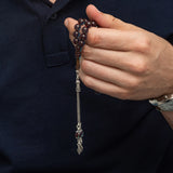 Chapelet de prière Tesbih - Ambre pressé bleu marine avec pompon argenté élégant