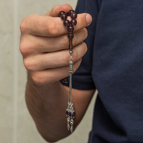 Tesbih Prayer Beads - Sea Blue Pressed Amber with Elegant Silver Tassel