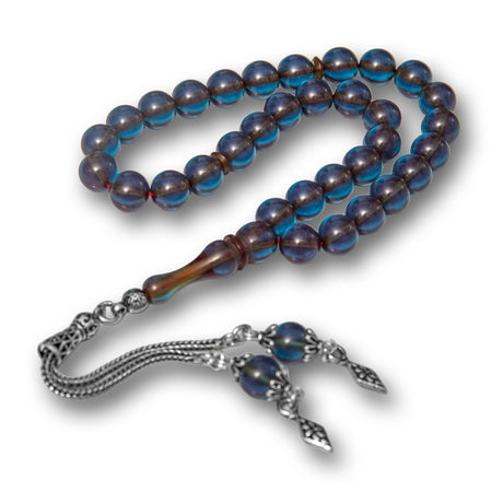 Tesbih Prayer Beads - Sea Blue Pressed Amber with Elegant Silver Tassel