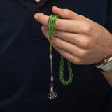 Grüne gepresste Bernstein-Gebetskette – Sterlingsilber Kazaz-Quaste