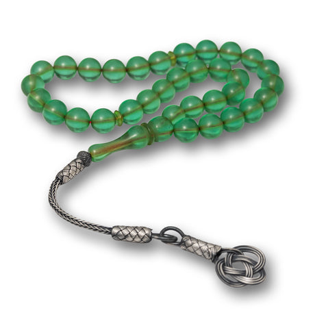 Tesbih Prayer Beads - Green Pressed Amber with Handcrafted Silver Tassel
