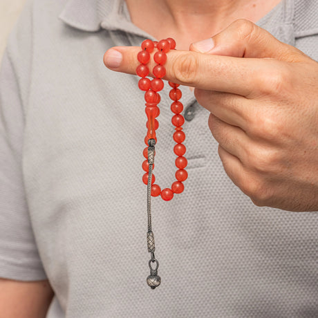 Prayer Beads - Red Amber-Tone with Handcrafted Silver Kazaz Tassel