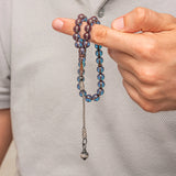 Tesbih - Translucent Blue Pressed Amber with Silver Kazaz Tassel