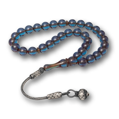 Tesbih - Translucent Blue Pressed Amber with Silver Kazaz Tassel