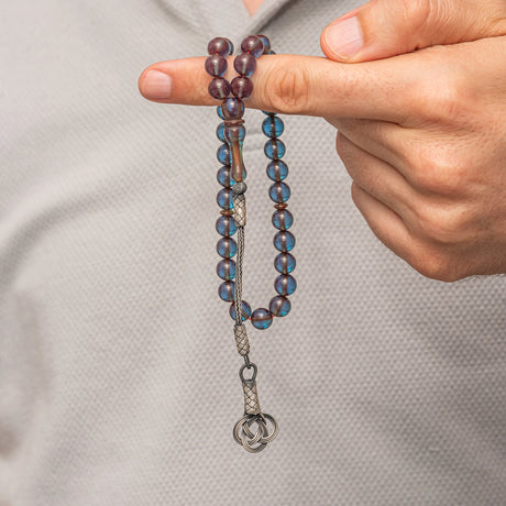 Tesbih Prayer Beads - Transparent Blue Amber with Silver Kazaz Tassel