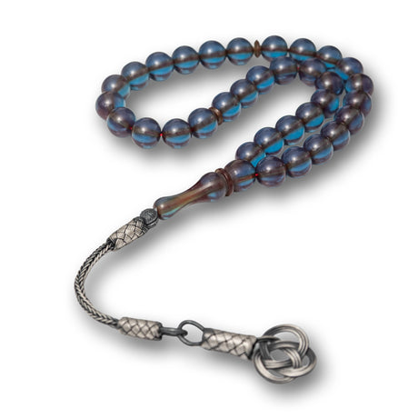Tesbih Prayer Beads - Transparent Blue Amber with Silver Kazaz Tassel