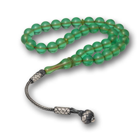 Tesbih Prayer Beads - Green Pressed Amber with Artisan Silver Tassel
