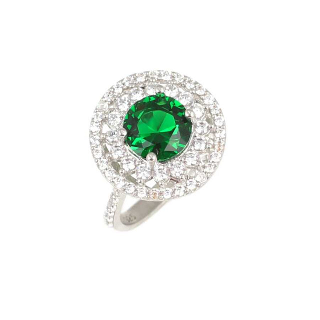 925 Sterling Silver Emerald Zircon Ring - Double Halo Design