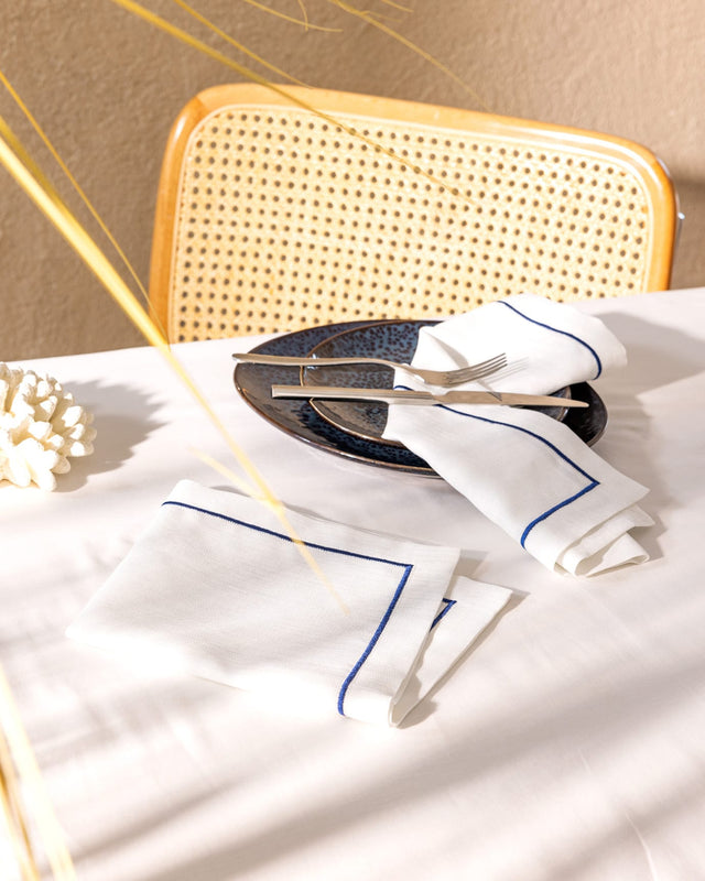 Moselle Elegant Fabric Dinner Napkins - White & Navy Blue, Set of 2