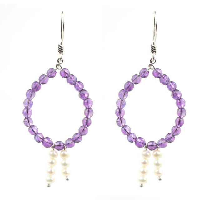 Sterling Silver Amethyst & Pearl Dangle Earrings - Elegant Design
