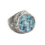 Sterling Silver Handcrafted Men's Ring with Aquamarine and Engraved Column Motif