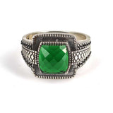 Sterling Silver Synthetic Emerald Men's Ring - Four-Cornered Faceted Stone