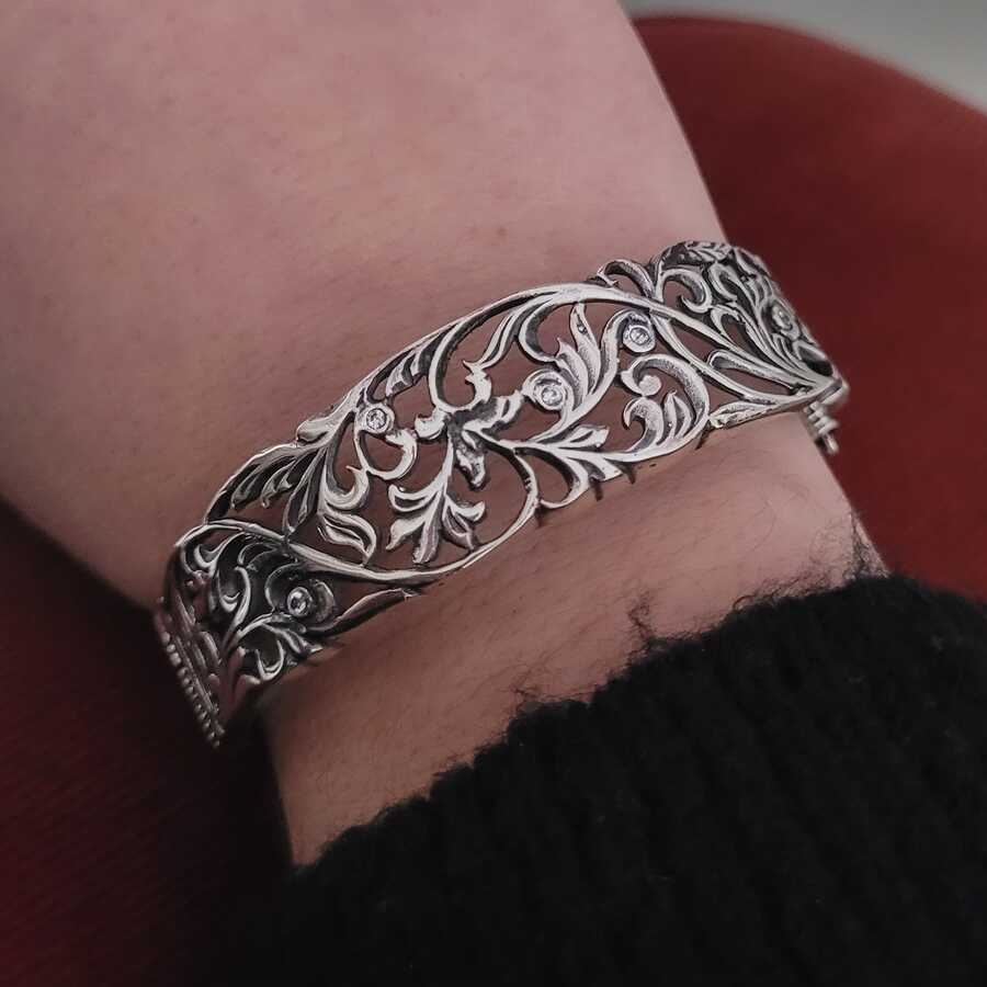 Sterling Silver Zircon Bracelet - Oval Filigree Design