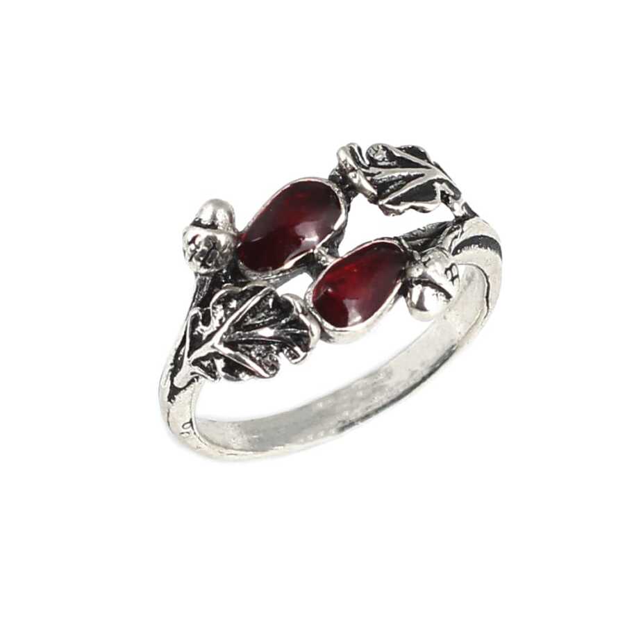 Sterling Silver Double Leaf Ring - Hand-Enameled Red Design