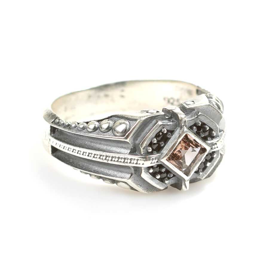 Sterling Silver Sultanite & Onyx Men's Ring - Square Motif