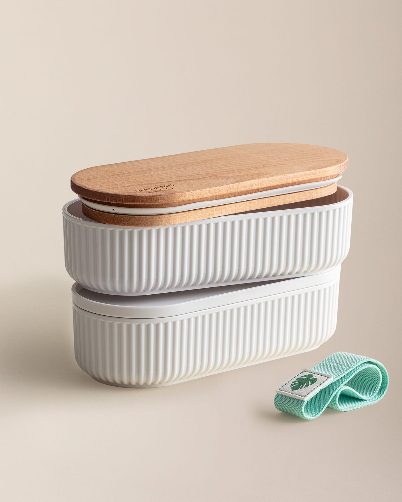 Mintgroene 2-delige lunchbox set voor voedselopslag met houten deksels - 2x500ml inhoud