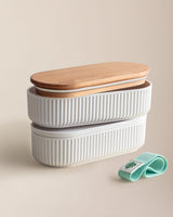 Mintgroene 2-delige lunchbox set voor voedselopslag met houten deksels - 2x500ml inhoud