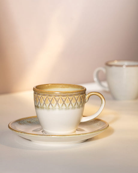 Porcelain 6-Person Coffee Cup Set - Antique Cream & Terracotta Design