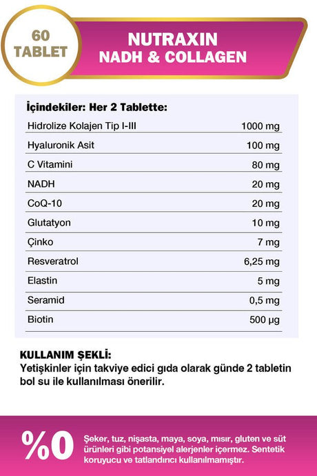 Beauty Booster NADH & Collagen Tablets - 60 Count for Skin, Hair & Nails - TryAladdin