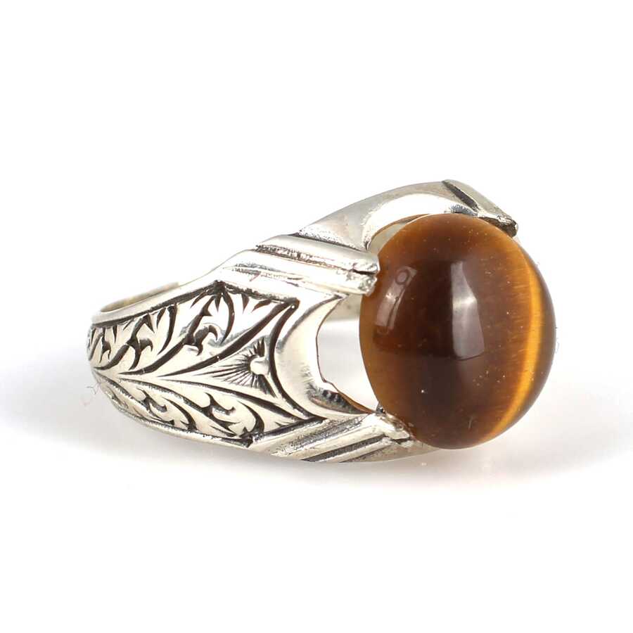 Premium 925 Sterling Silver Round Tiger's Eye Men's Ring