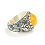 Sterling Silver Men's Ring - Round Pressed Amber & Hand-Engraved