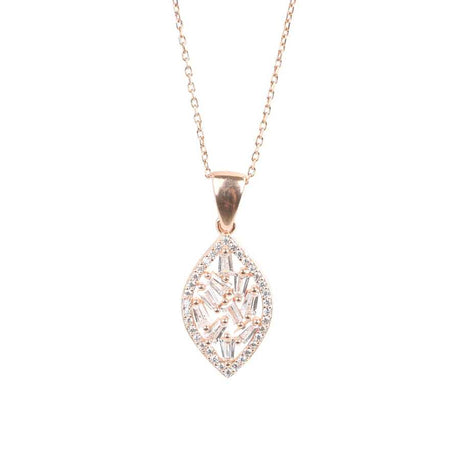 Sterling Silver Navette Pendant Necklace - Zircon Baguette Stones