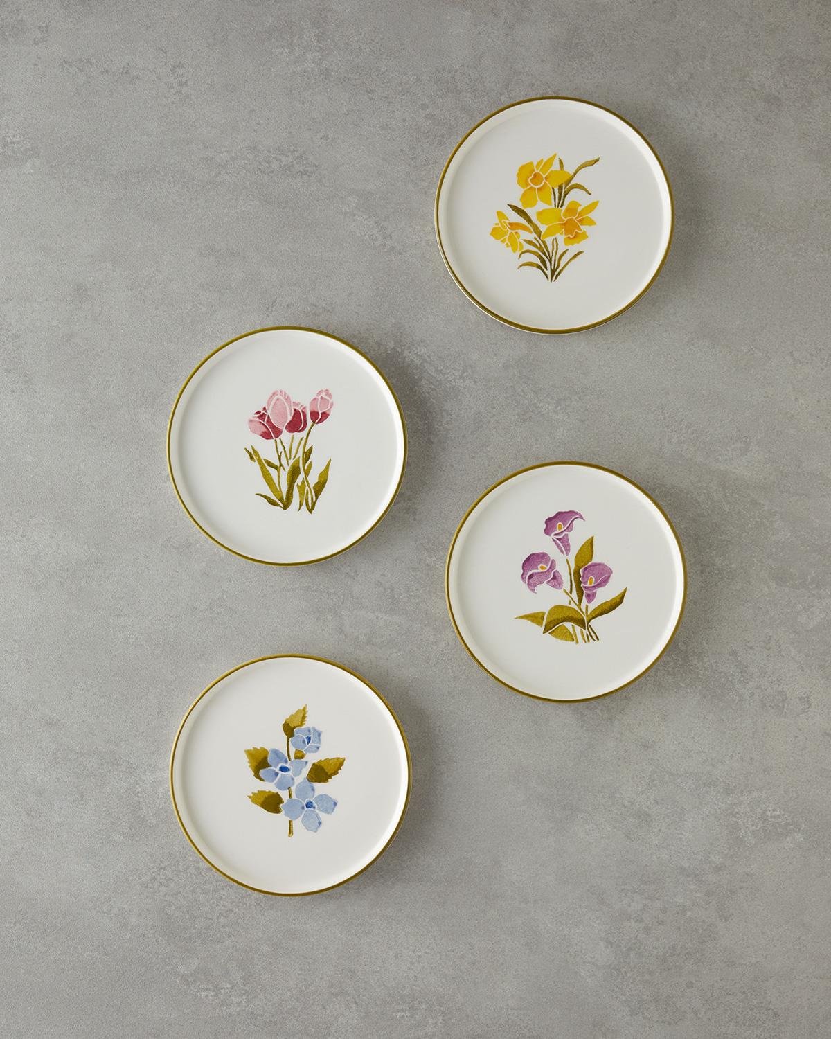 Premium Ceramic Dessert Plate Set Colorful Begonia Design 4 Piece